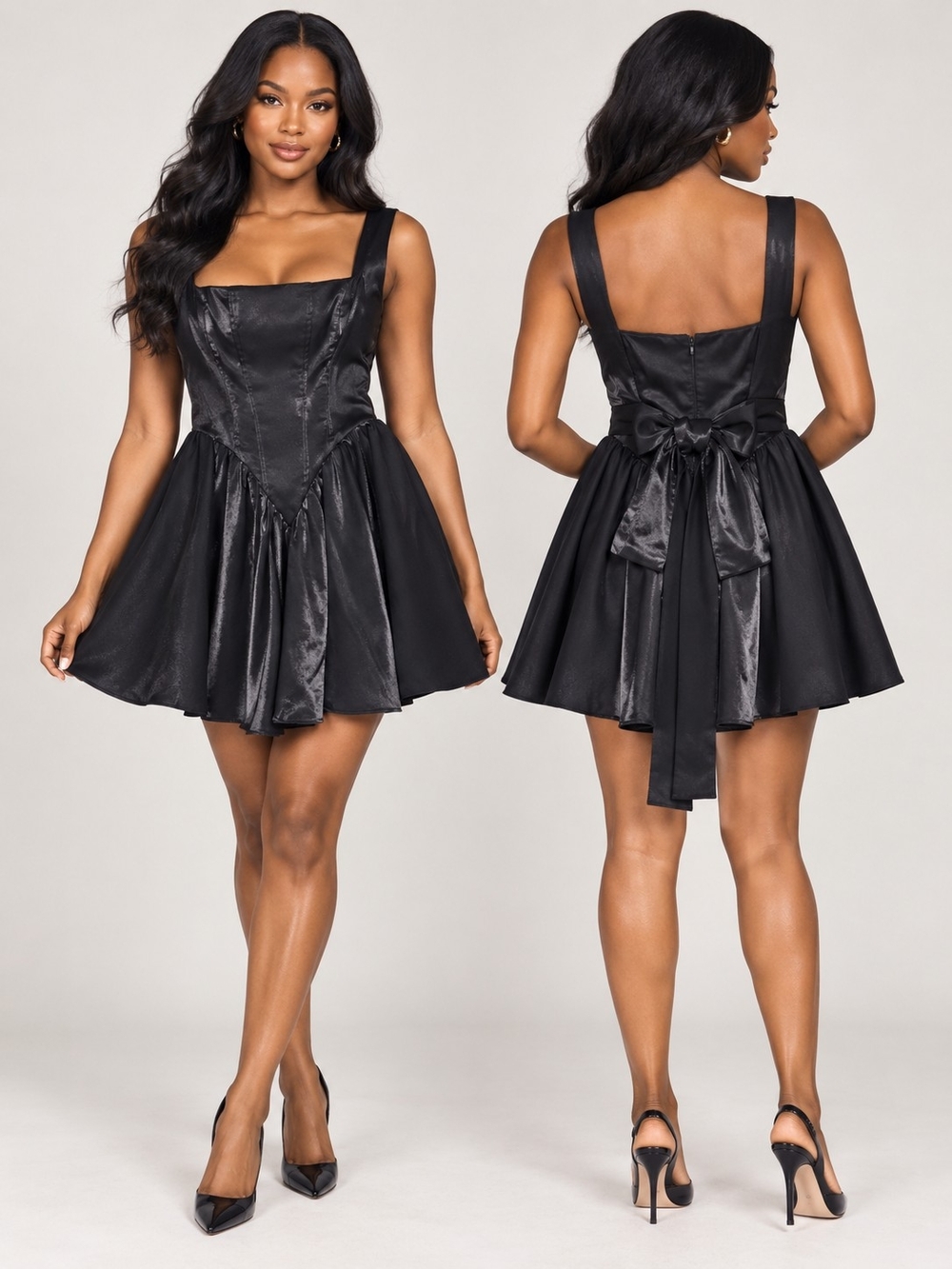 SHEIN Black Satin Corset Mini Dress M US 8 Square Neck Fit & Flare